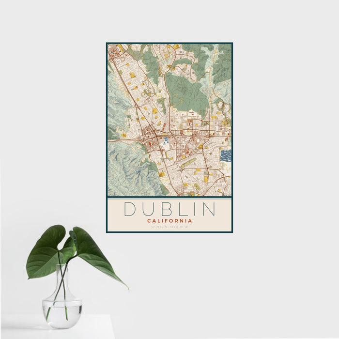 16x24 Dublin California Map Print Portrait Orientation in Woodblock Style With Tropical Plant Leaves in Water