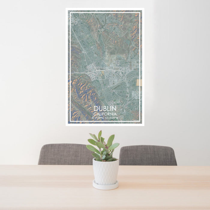 24x36 Dublin California Map Print Portrait Orientation in Afternoon Style Behind 2 Chairs Table and Potted Plant
