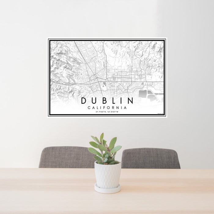 24x36 Dublin California Map Print Lanscape Orientation in Classic Style Behind 2 Chairs Table and Potted Plant