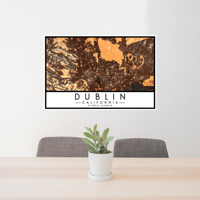24x36 Dublin California Map Print Lanscape Orientation in Ember Style Behind 2 Chairs Table and Potted Plant