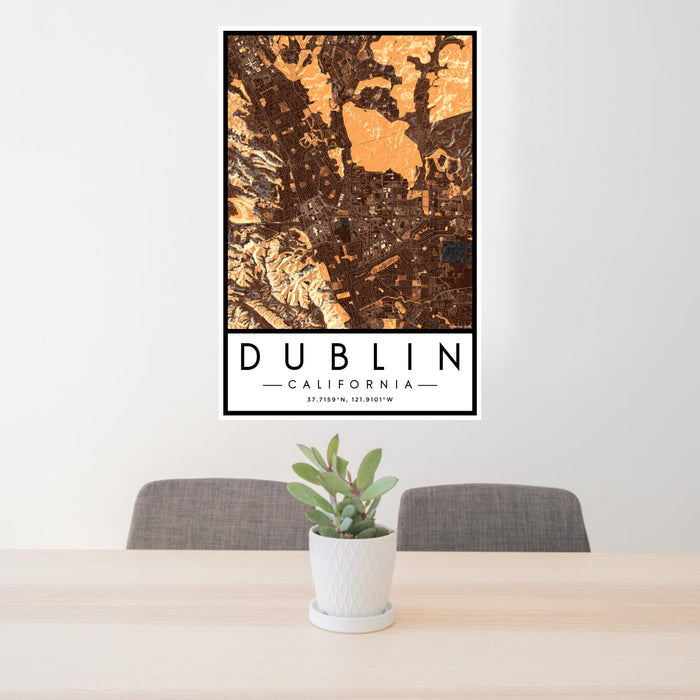 24x36 Dublin California Map Print Portrait Orientation in Ember Style Behind 2 Chairs Table and Potted Plant
