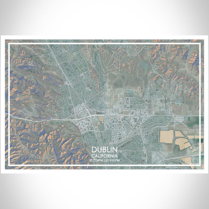 Dublin California Map Print Landscape Orientation in Afternoon Style With Shaded Background