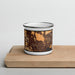 Front View Custom Dublin California Map Enamel Mug in Ember on Cutting Board
