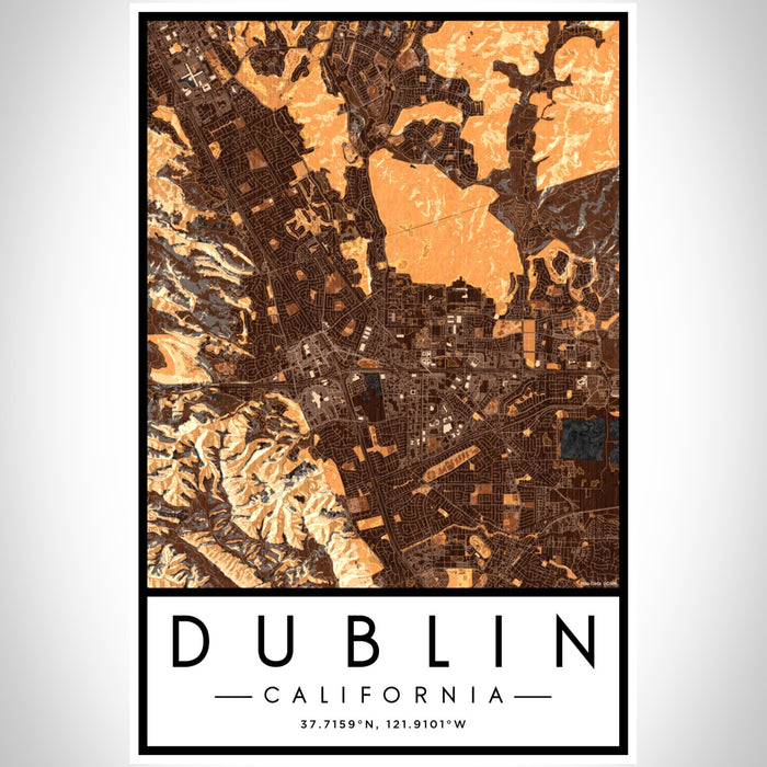 Dublin California Map Print Portrait Orientation in Ember Style With Shaded Background