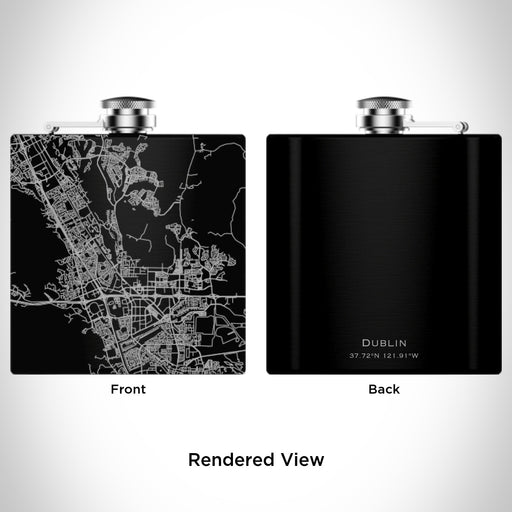 Rendered View of Dublin California Map Engraving on 6oz Stainless Steel Flask in Black