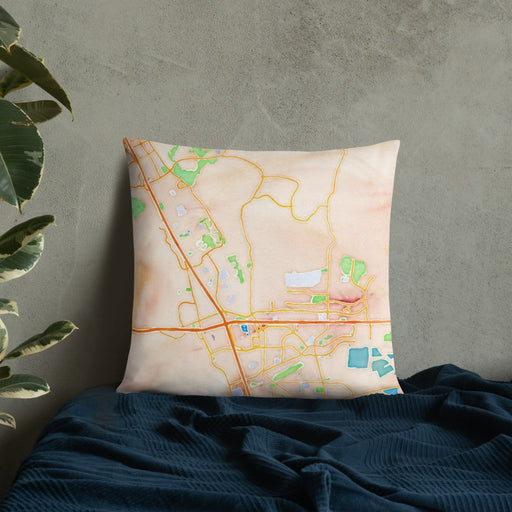 Custom Dublin California Map Throw Pillow in Watercolor on Bedding Against Wall