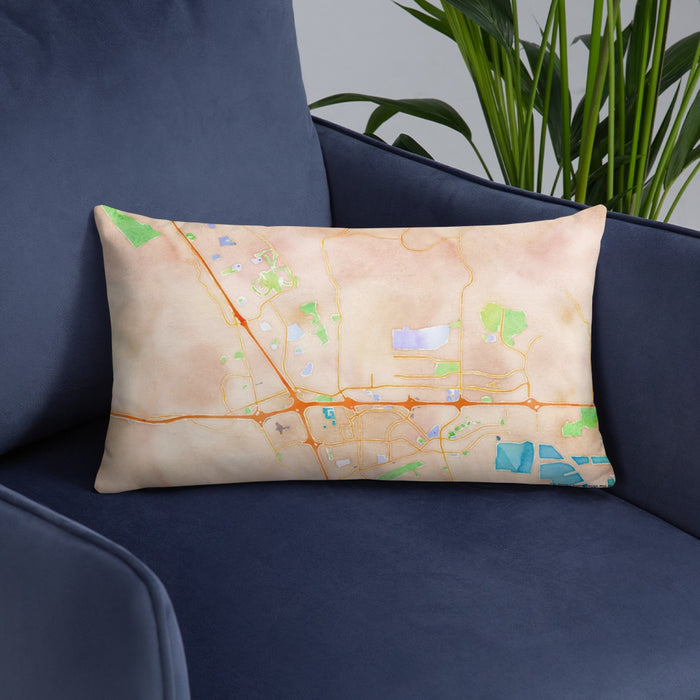 Custom Dublin California Map Throw Pillow in Watercolor on Blue Colored Chair