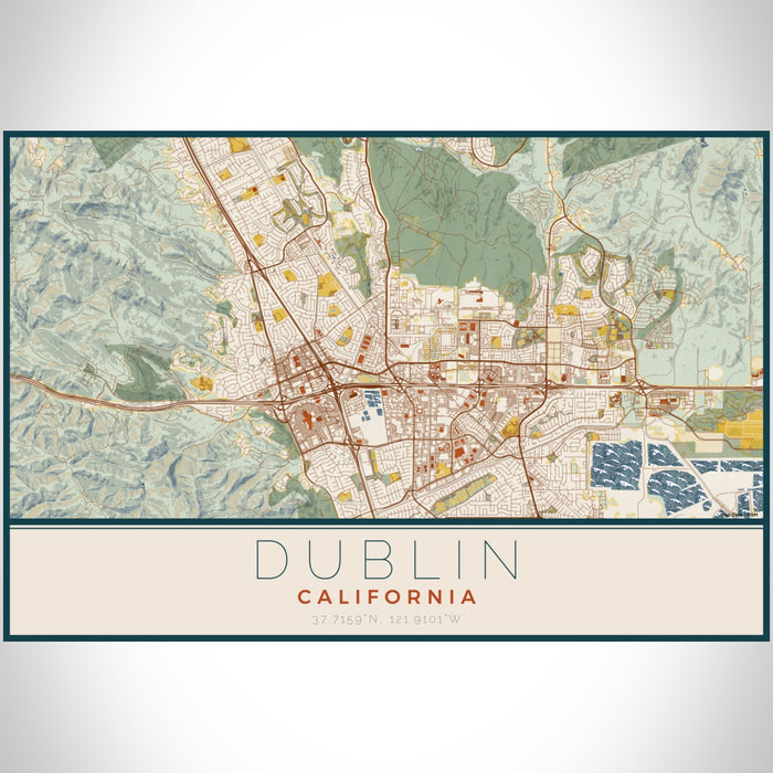 Dublin California Map Print Landscape Orientation in Woodblock Style With Shaded Background