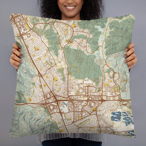 Person holding 22x22 Custom Dublin California Map Throw Pillow in Woodblock
