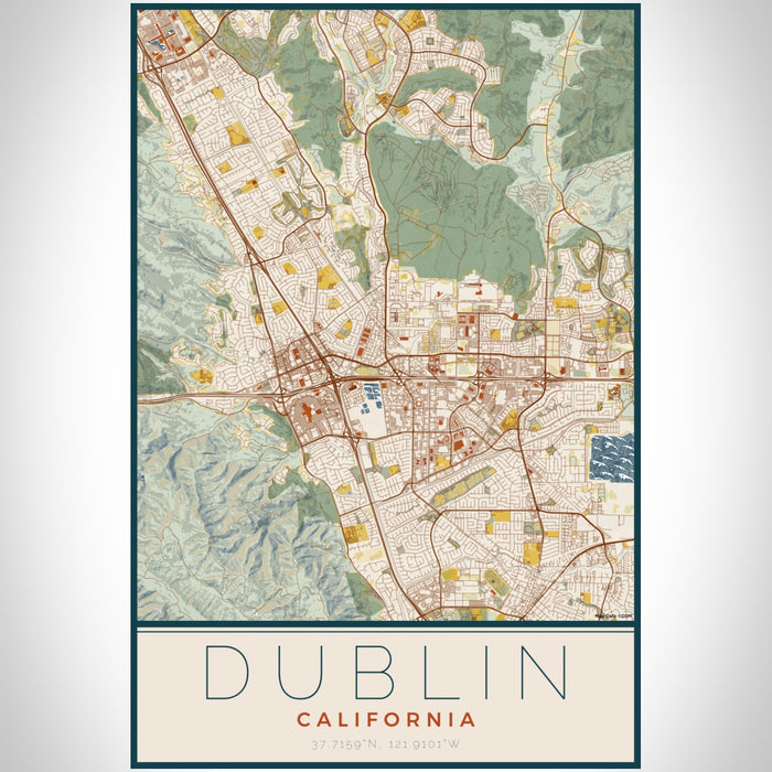 Dublin California Map Print Portrait Orientation in Woodblock Style With Shaded Background