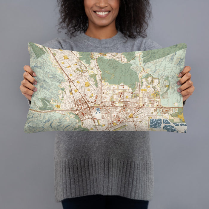 Person holding 20x12 Custom Dublin California Map Throw Pillow in Woodblock