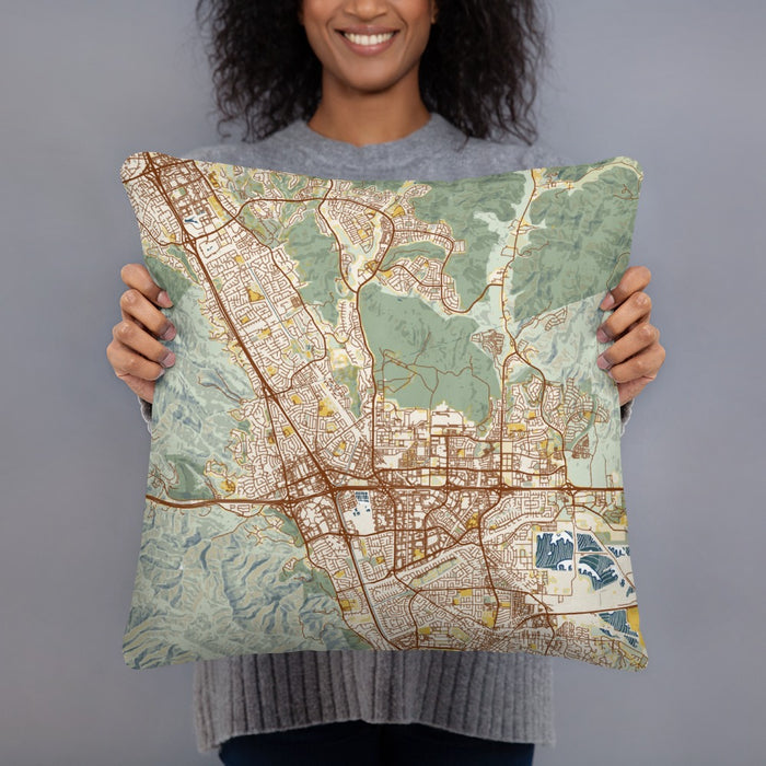 Person holding 18x18 Custom Dublin California Map Throw Pillow in Woodblock