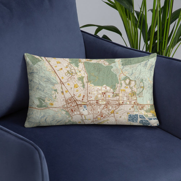 Custom Dublin California Map Throw Pillow in Woodblock on Blue Colored Chair