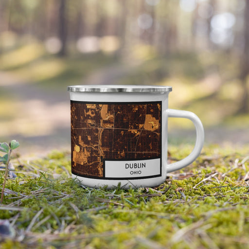 Right View Custom Dublin Ohio Map Enamel Mug in Ember on Grass With Trees in Background