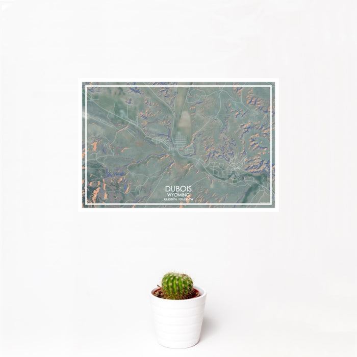 12x18 Dubois Wyoming Map Print Landscape Orientation in Afternoon Style With Small Cactus Plant in White Planter