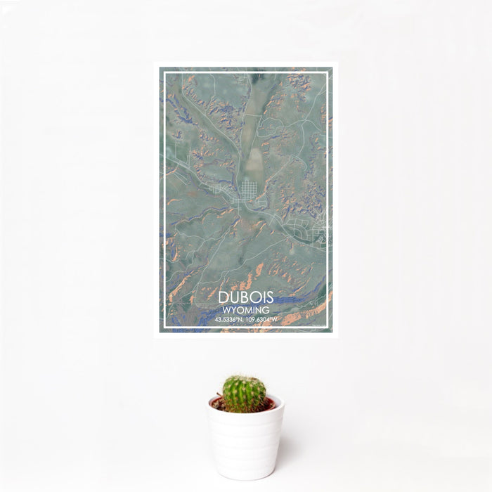 12x18 Dubois Wyoming Map Print Portrait Orientation in Afternoon Style With Small Cactus Plant in White Planter