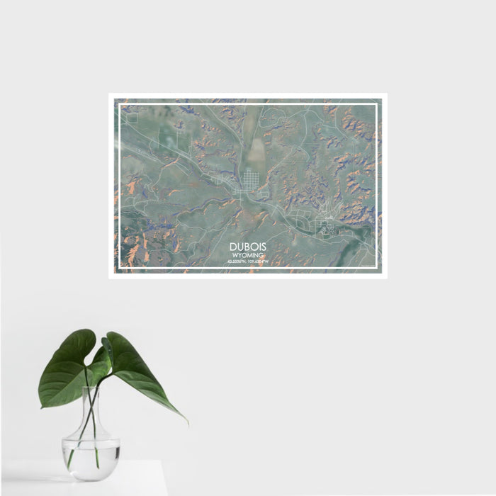 16x24 Dubois Wyoming Map Print Landscape Orientation in Afternoon Style With Tropical Plant Leaves in Water