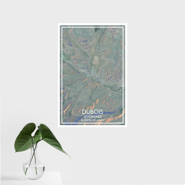 16x24 Dubois Wyoming Map Print Portrait Orientation in Afternoon Style With Tropical Plant Leaves in Water