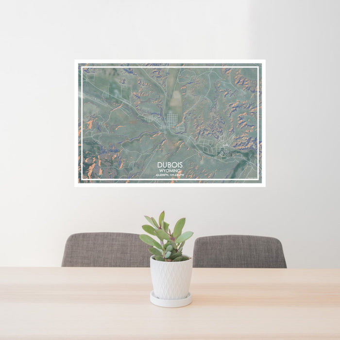 24x36 Dubois Wyoming Map Print Lanscape Orientation in Afternoon Style Behind 2 Chairs Table and Potted Plant