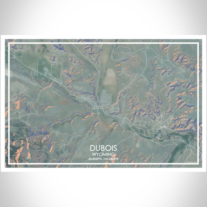 Dubois Wyoming Map Print Landscape Orientation in Afternoon Style With Shaded Background