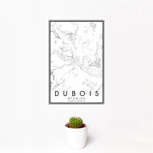 12x18 Dubois Wyoming Map Print Portrait Orientation in Classic Style With Small Cactus Plant in White Planter