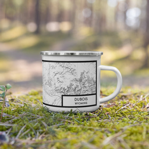 Right View Custom Dubois Wyoming Map Enamel Mug in Classic on Grass With Trees in Background