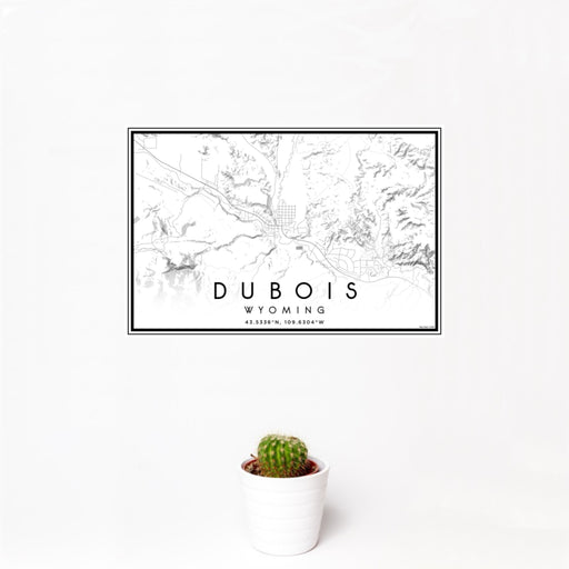 12x18 Dubois Wyoming Map Print Landscape Orientation in Classic Style With Small Cactus Plant in White Planter