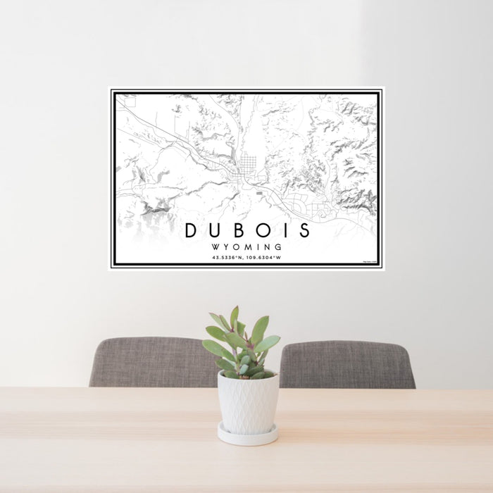 24x36 Dubois Wyoming Map Print Landscape Orientation in Classic Style Behind 2 Chairs Table and Potted Plant