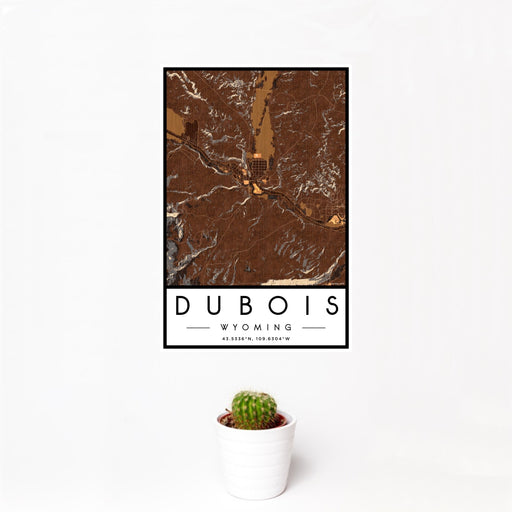 12x18 Dubois Wyoming Map Print Portrait Orientation in Ember Style With Small Cactus Plant in White Planter