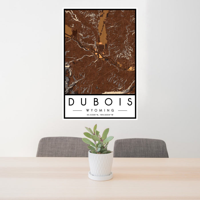24x36 Dubois Wyoming Map Print Portrait Orientation in Ember Style Behind 2 Chairs Table and Potted Plant