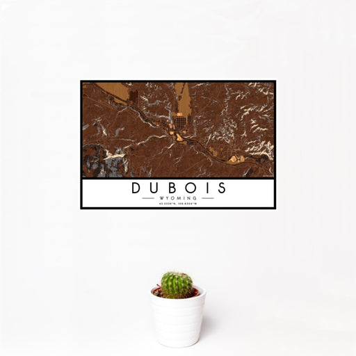 12x18 Dubois Wyoming Map Print Landscape Orientation in Ember Style With Small Cactus Plant in White Planter