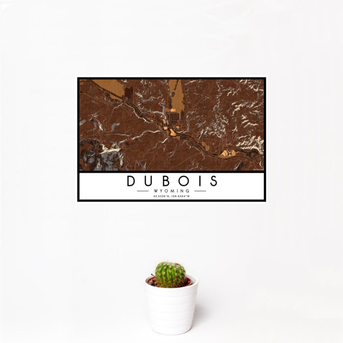 12x18 Dubois Wyoming Map Print Landscape Orientation in Ember Style With Small Cactus Plant in White Planter