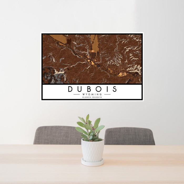 24x36 Dubois Wyoming Map Print Landscape Orientation in Ember Style Behind 2 Chairs Table and Potted Plant