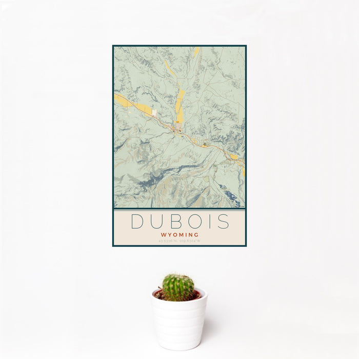 12x18 Dubois Wyoming Map Print Portrait Orientation in Woodblock Style With Small Cactus Plant in White Planter