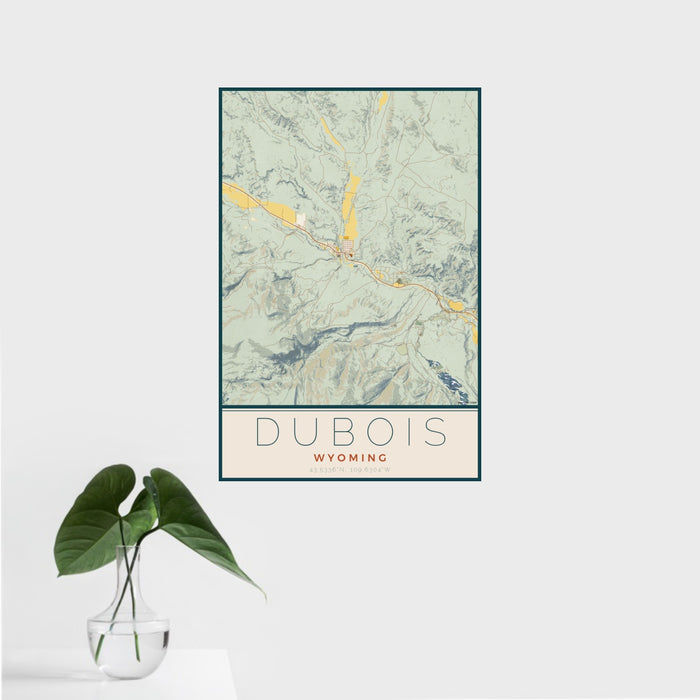 16x24 Dubois Wyoming Map Print Portrait Orientation in Woodblock Style With Tropical Plant Leaves in Water