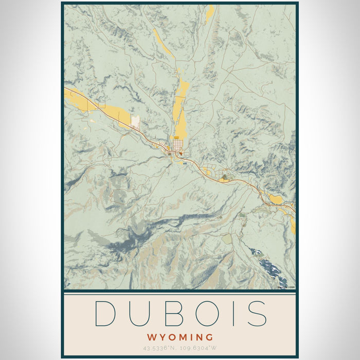 Dubois Wyoming Map Print Portrait Orientation in Woodblock Style With Shaded Background
