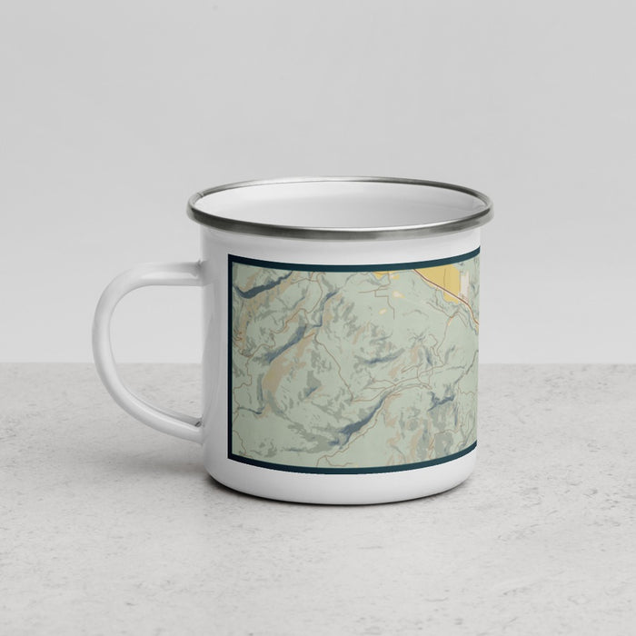 Left View Custom Dubois Wyoming Map Enamel Mug in Woodblock