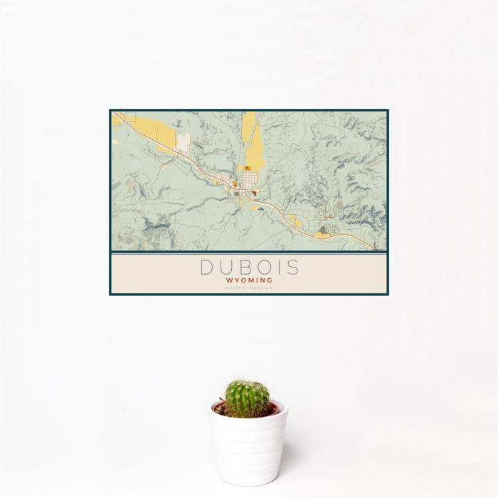 12x18 Dubois Wyoming Map Print Landscape Orientation in Woodblock Style With Small Cactus Plant in White Planter