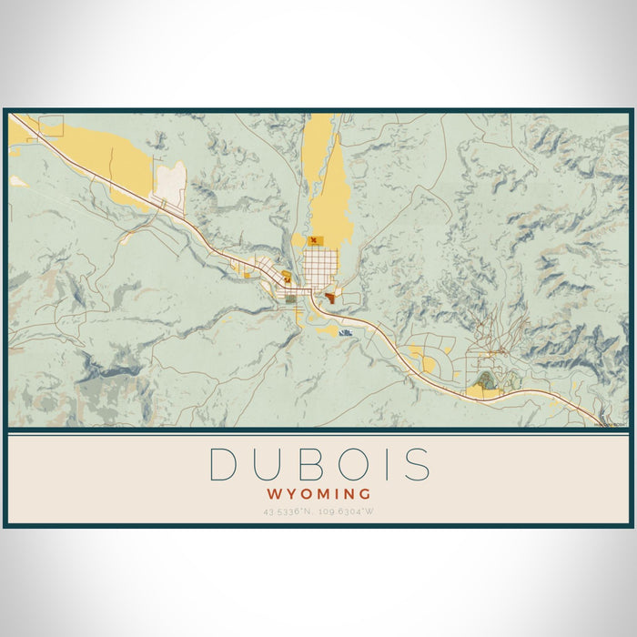 Dubois Wyoming Map Print Landscape Orientation in Woodblock Style With Shaded Background