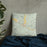 Custom Dubois Wyoming Map Throw Pillow in Woodblock on Bedding Against Wall