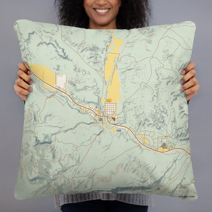 Person holding 22x22 Custom Dubois Wyoming Map Throw Pillow in Woodblock