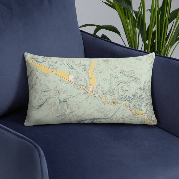 Custom Dubois Wyoming Map Throw Pillow in Woodblock on Blue Colored Chair