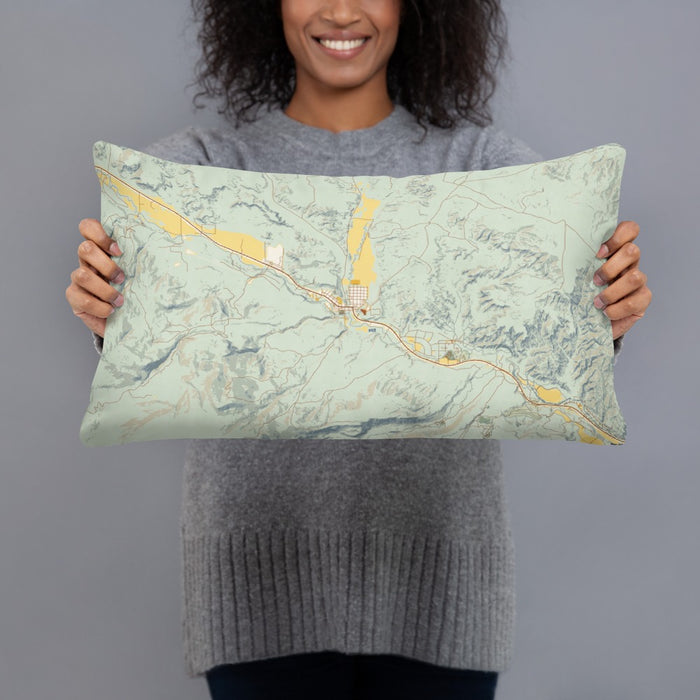 Person holding 20x12 Custom Dubois Wyoming Map Throw Pillow in Woodblock