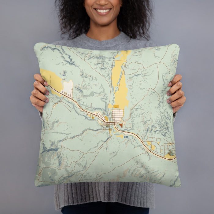 Person holding 18x18 Custom Dubois Wyoming Map Throw Pillow in Woodblock