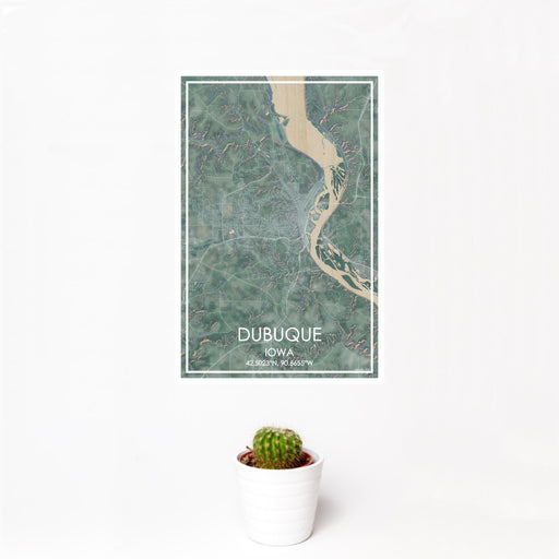 12x18 Dubuque Iowa Map Print Portrait Orientation in Afternoon Style With Small Cactus Plant in White Planter