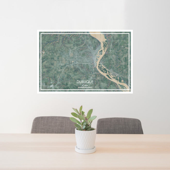 24x36 Dubuque Iowa Map Print Lanscape Orientation in Afternoon Style Behind 2 Chairs Table and Potted Plant