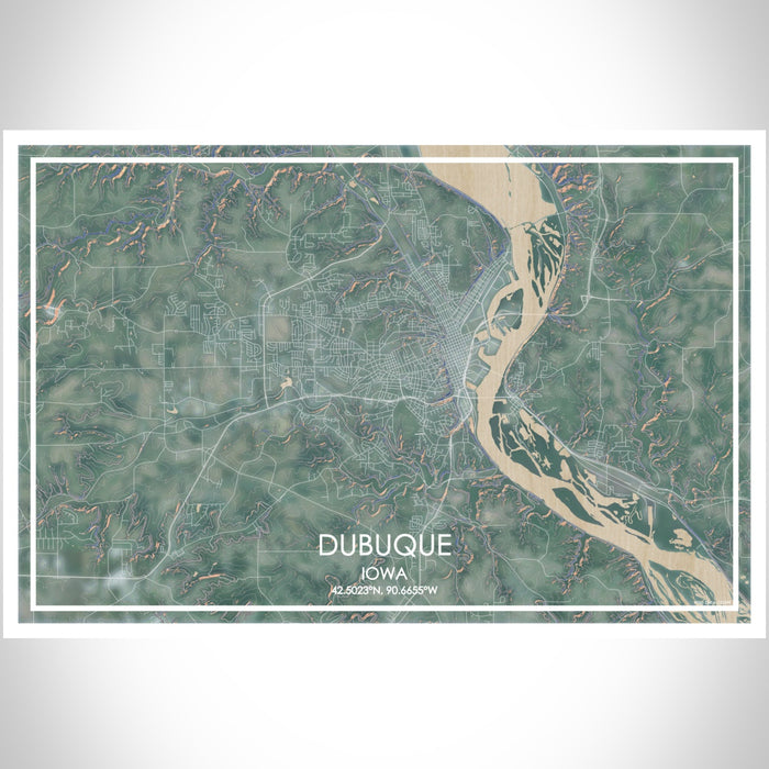 Dubuque Iowa Map Print Landscape Orientation in Afternoon Style With Shaded Background