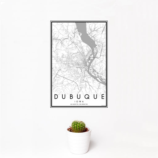12x18 Dubuque Iowa Map Print Portrait Orientation in Classic Style With Small Cactus Plant in White Planter