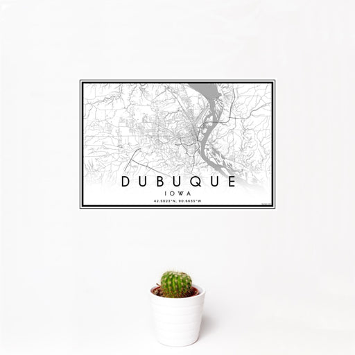 12x18 Dubuque Iowa Map Print Landscape Orientation in Classic Style With Small Cactus Plant in White Planter
