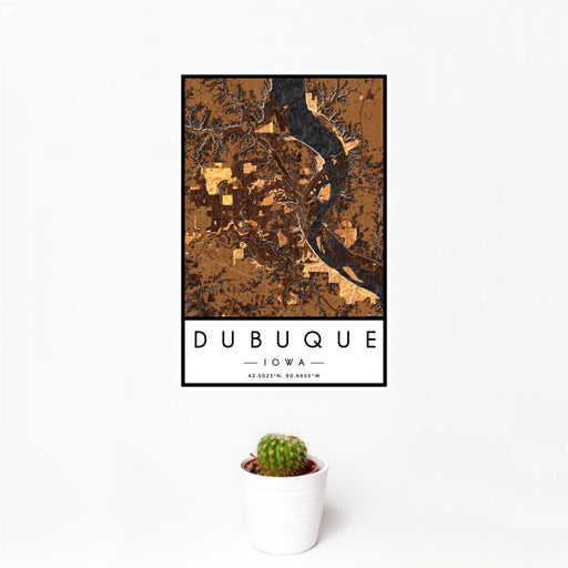 12x18 Dubuque Iowa Map Print Portrait Orientation in Ember Style With Small Cactus Plant in White Planter